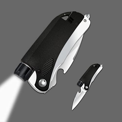 WELESHEI Led Mini Flashlight 6-in-1 Utility Folding Pocket Knife with Bottle Opener Glass Breaker Buckle Whistling Multi-Function Emergency Tool for Hiking Survival Camping Hunting