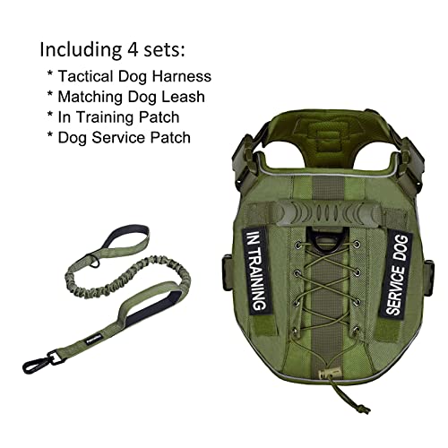 Petmolico Tactical Dog Harness with Leash, No Pull Dog Harness with Hook and Loop Panels for Hiking Training Military Service Dog Harness with Patches for Medium Dogs, Army Green M