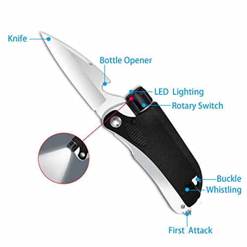 WELESHEI Led Mini Flashlight 6-in-1 Utility Folding Pocket Knife with Bottle Opener Glass Breaker Buckle Whistling Multi-Function Emergency Tool for Hiking Survival Camping Hunting