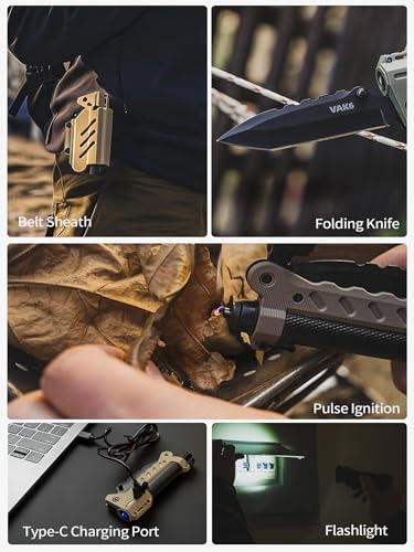 VIPERADE VAK6-S Survival Multitool with Folding Knife, LED Flashlight and Pulse Ignition, EDC Pocket Knife for men, Rechargeable Flashlight with Belt Sheath (Black)