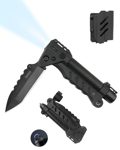 sayram Pocket Knife Flashlight Kydex Combo, Rechargeable Flashlight with Knife, EDC Flashlight Survival Knife Multitool with Pulse Ignition for Outdoor Survival (Black)