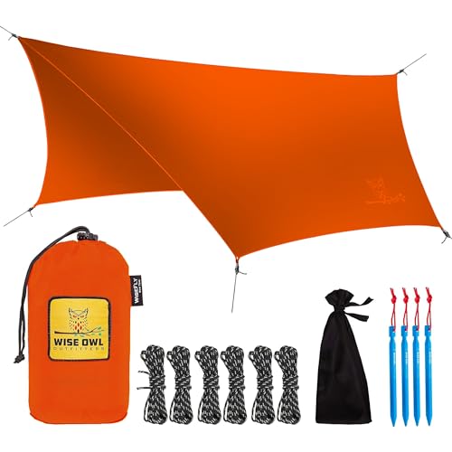Wise Owl Outfitters Hammock Rain Fly – Waterproof Camping Tarp Cover with Tent Stakes & Carry Bag, Ultralight Shelter for Backpacking & Outdoor Shade
