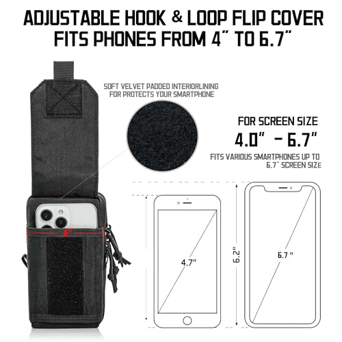 Molle Dual Phone Pouch, Tactical Admin Pouch Small, Heavy Duty Belt 1000D Nylon Small Cell Phone Case Holder, Fits 4.0-6.7 inch Screens, Black (Black)