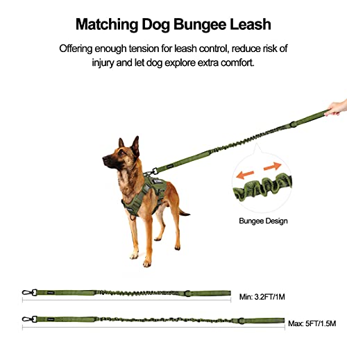 Petmolico Tactical Dog Harness with Leash, No Pull Dog Harness with Hook and Loop Panels for Hiking Training Military Service Dog Harness with Patches for Medium Dogs, Army Green M