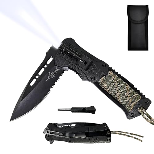 XIPHIAS EDC Stainless Steel Folding Pocket Knife Multitool with LED Light, Magnesium Fire Starter, Whistle, Paracord & Pocket Clip - Survival Camping Gear with Knife Pouch - XK039BC-GREEN