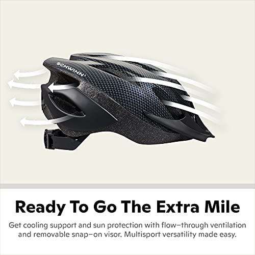 Schwinn Thrasher Helmet for Adults, Black, Size 58 - 62 cm, for Riders Ages 14+, Lightweight Microshell, Adjustable Dial and Straps, Interior Padding, 20 Air Vents, Removable Visor, Adult Bike Helmet
