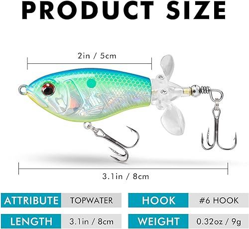TRUSCEND Top Water Fishing Lures with BKK Hooks, Whopper for Freshwater or Saltwater, Floating Lure Bass Catfish Pike, Wobble Surface Bait Teasers Gifts Men