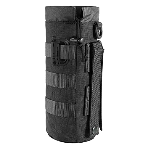FRTKK Tactical MOLLE Water Bottle Pouch with Drawstring Open Top & Mesh Bottom, Military Water Bottle Holder Bag Sports Travel Hydration Carrier (Black-1 Pack)