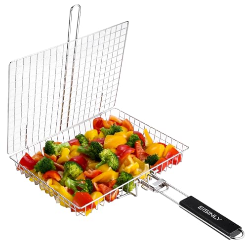 Portable Grill Basket, EISINLY BBQ Grilling Basket for Outdoor Grill with Removable Handle, Stainless Steel Camping Cooking Grill Accessories for Chicken Fish Vegetable
