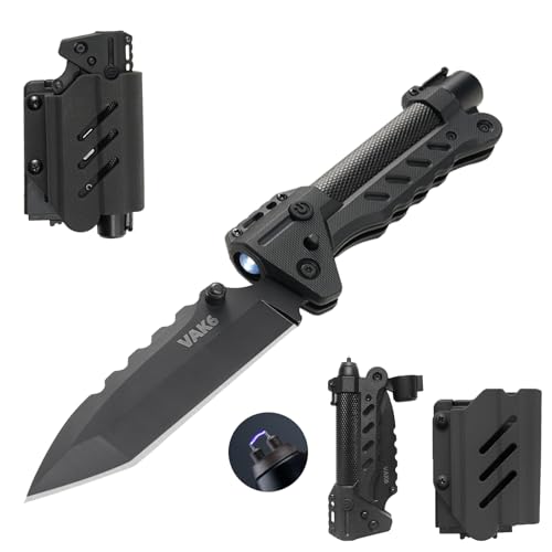 VIPERADE VAK6-S Survival Multitool with Folding Knife, LED Flashlight and Pulse Ignition, EDC Pocket Knife for men, Rechargeable Flashlight with Belt Sheath (Black)