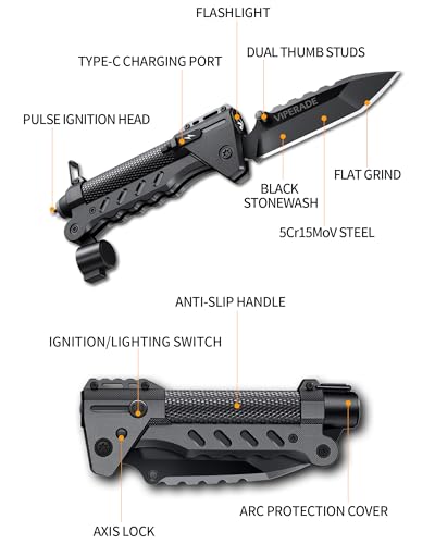 VIPERADE VAK6-S Survival Multitool with Folding Knife, LED Flashlight and Pulse Ignition, EDC Pocket Knife for men, Rechargeable Flashlight with Belt Sheath (Black)