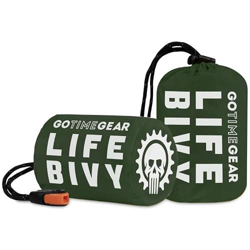 Go Time Gear Emergency Bivvy Bag - 2 Pack, Green - Survival Sleeping Bag for Adults - Lightweight Waterproof Bivy Sack & Emergency Blanket - Compact Camping & Backpacking Gear