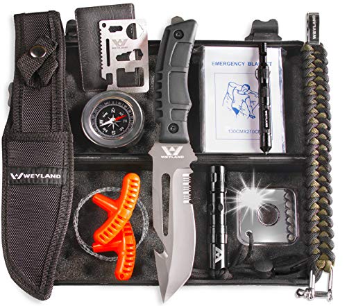 Weyland Ultimate Survival Kit – 11-in-1 Outdoor Gear with Survival Knife, Fire Starter, Compass, Multitool, Paracord Bracelet, & Case for Camping, Hiking, Emergency Preparedness