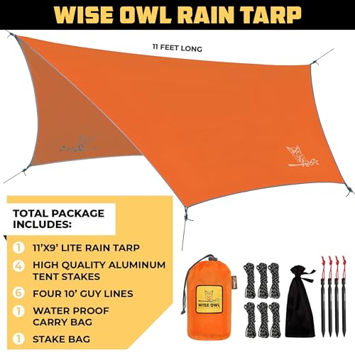 Wise Owl Outfitters Hammock Rain Fly – Waterproof Camping Tarp Cover with Tent Stakes & Carry Bag, Ultralight Shelter for Backpacking & Outdoor Shade