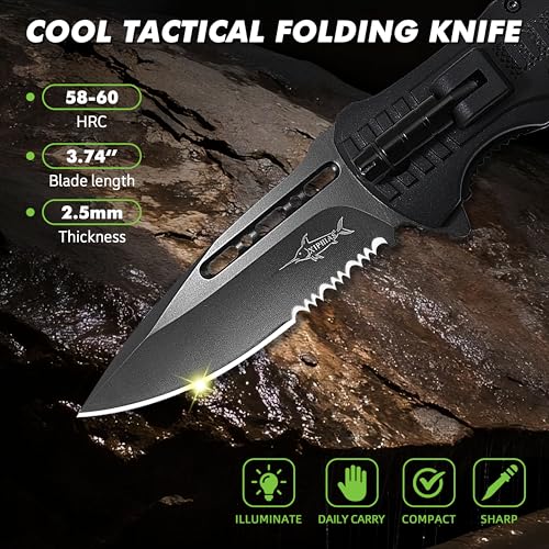 XIPHIAS EDC Stainless Steel Folding Pocket Knife Multitool with LED Light, Magnesium Fire Starter, Whistle, Paracord & Pocket Clip - Survival Camping Gear with Knife Pouch - XK039BC-GREEN