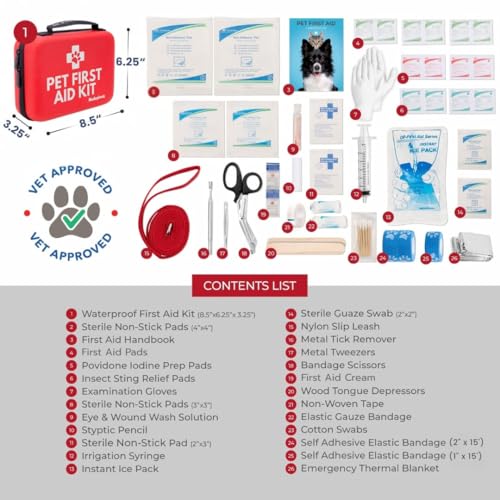 Dog First Aid Kit - Vet Approved Pet First Aid Supplies to Treat Dogs & Cats in an Emergency - Pet First Aid Kit Guide, Tick Remover, Slip Leash & Medical Essentials for Home, Camping, Car, RV, Travel