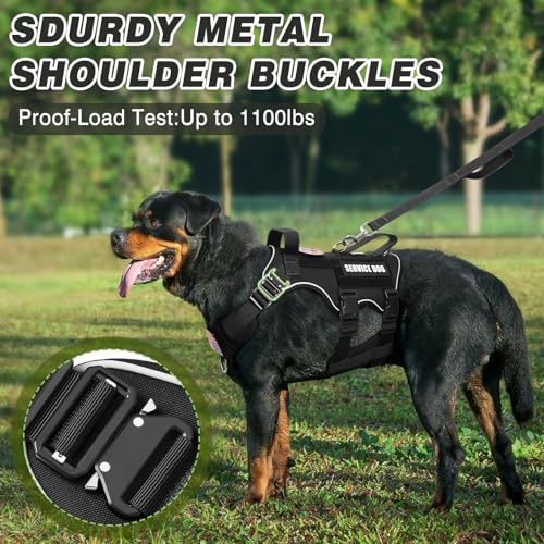 MOOGROU Tactical Service Dog Vest and Leash Set,Heavy Duty Harness with Metal Buckles for Large Dogs,Adjustable No Pull Pet Vest with 10 Patches,for Training Working Hiking,Black L