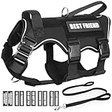 MOOGROU Tactical Service Dog Vest and Leash Set,Heavy Duty Harness with Metal Buckles for Large Dogs,Adjustable No Pull Pet Vest with 10 Patches,for Training Working Hiking,Black L