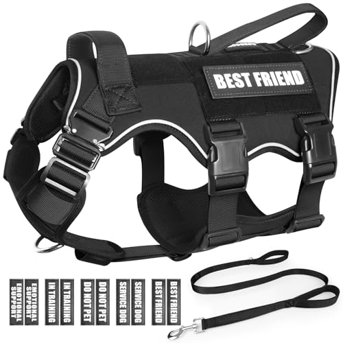 MOOGROU Tactical Service Dog Vest and Leash Set,Heavy Duty Harness with Metal Buckles for Large Dogs,Adjustable No Pull Pet Vest with 10 Patches,for Training Working Hiking,Black L