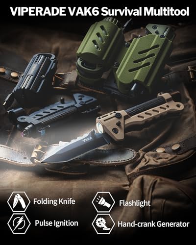 VIPERADE VAK6 Survival Multitool with Folding Knife, LED Flashlight, Pulse Ignition and Hand Crank Generator, Camping Multitool Knife Rechargeable Flashlight with Belt Sheath (Green)