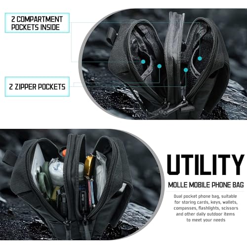 Molle Dual Phone Pouch, Tactical Admin Pouch Small, Heavy Duty Belt 1000D Nylon Small Cell Phone Case Holder, Fits 4.0-6.7 inch Screens, Black (Black)