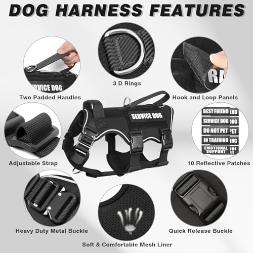 MOOGROU Tactical Service Dog Vest and Leash Set,Heavy Duty Harness with Metal Buckles for Large Dogs,Adjustable No Pull Pet Vest with 10 Patches,for Training Working Hiking,Black L