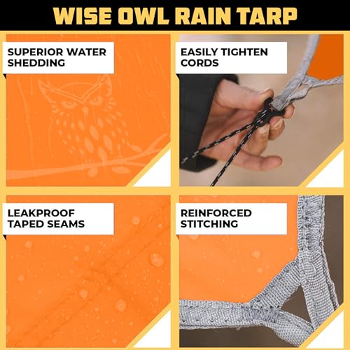 Wise Owl Outfitters Hammock Rain Fly – Waterproof Camping Tarp Cover with Tent Stakes & Carry Bag, Ultralight Shelter for Backpacking & Outdoor Shade