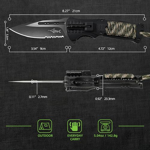 XIPHIAS EDC Stainless Steel Folding Pocket Knife Multitool with LED Light, Magnesium Fire Starter, Whistle, Paracord & Pocket Clip - Survival Camping Gear with Knife Pouch - XK039BC-GREEN