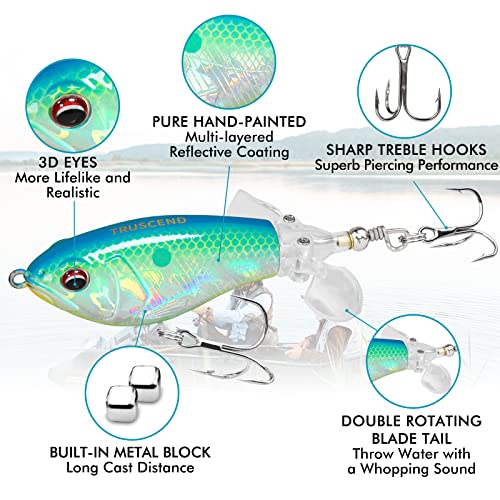 TRUSCEND Top Water Fishing Lures with BKK Hooks, Whopper for Freshwater or Saltwater, Floating Lure Bass Catfish Pike, Wobble Surface Bait Teasers Gifts Men
