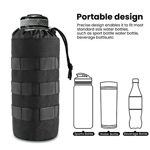 FRTKK Tactical MOLLE Water Bottle Pouch with Drawstring Open Top & Mesh Bottom, Military Water Bottle Holder Bag Sports Travel Hydration Carrier (Black-1 Pack)