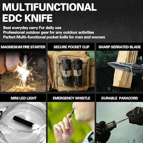 XIPHIAS EDC Stainless Steel Folding Pocket Knife Multitool with LED Light, Magnesium Fire Starter, Whistle, Paracord & Pocket Clip - Survival Camping Gear with Knife Pouch - XK039BC-GREEN