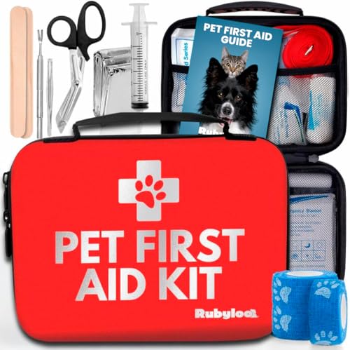Dog First Aid Kit - Vet Approved Pet First Aid Supplies to Treat Dogs & Cats in an Emergency - Pet First Aid Kit Guide, Tick Remover, Slip Leash & Medical Essentials for Home, Camping, Car, RV, Travel