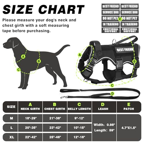MOOGROU Tactical Service Dog Vest and Leash Set,Heavy Duty Harness with Metal Buckles for Large Dogs,Adjustable No Pull Pet Vest with 10 Patches,for Training Working Hiking,Black L