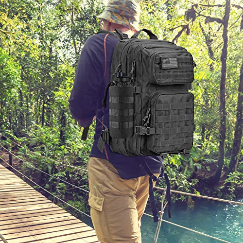 FRTKK Tactical MOLLE Water Bottle Pouch with Drawstring Open Top & Mesh Bottom, Military Water Bottle Holder Bag Sports Travel Hydration Carrier (Black-1 Pack)