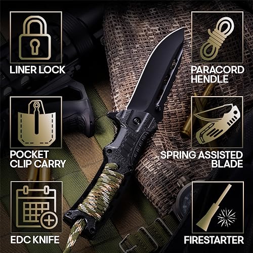 Pocket Knife for Men - Spring Assisted Knife with Fire Starter Whistle Paracord Handle - Tactical Folding Blade - Best for Survival Hiking Hunting Camping - Birthday Gifts Idea for Dad Husband 6772