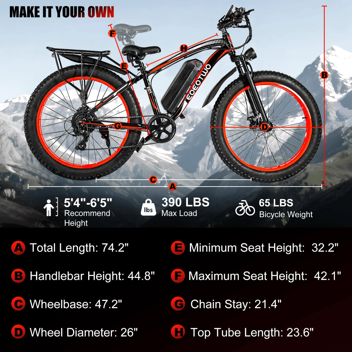 Electric Bike Adults 26" Fat Tire 1500W Peak Motor Electric Bicycle 34Mph Mountain E Bike 60Mile Range 48V 15AH Electric Bike