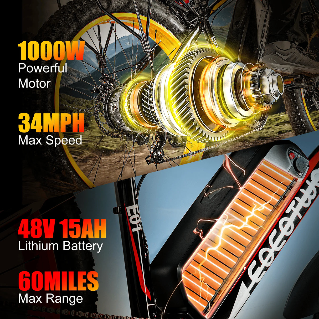 Electric Bike Adults 26" Fat Tire 1500W Peak Motor Electric Bicycle 34Mph Mountain E Bike 60Mile Range 48V 15AH Electric Bike