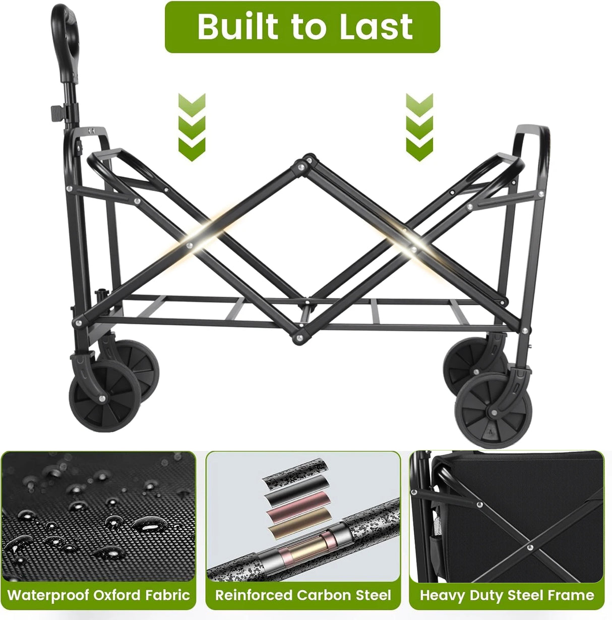 Heavy Duty Wagon Carts Foldable, Portable Wagons for Groceries, Beach Cart with All-Terrain Wheels  Drink Holders, Utility Wagon