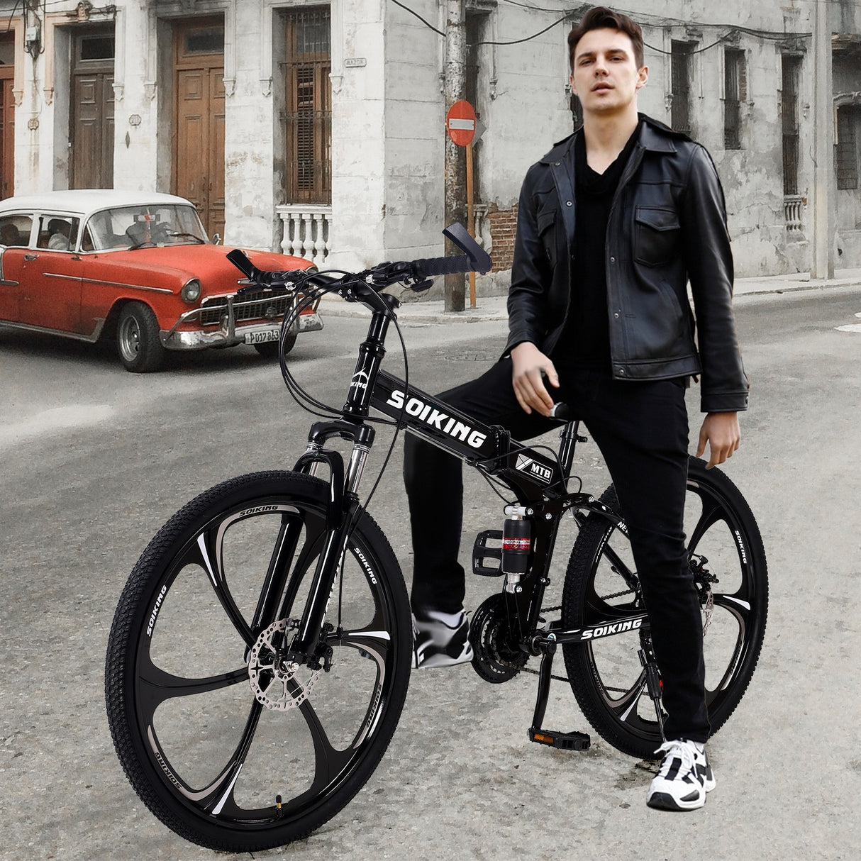 Black Folding Bike 21 Speed 26in Dual Disc Brakes Shock Suspension