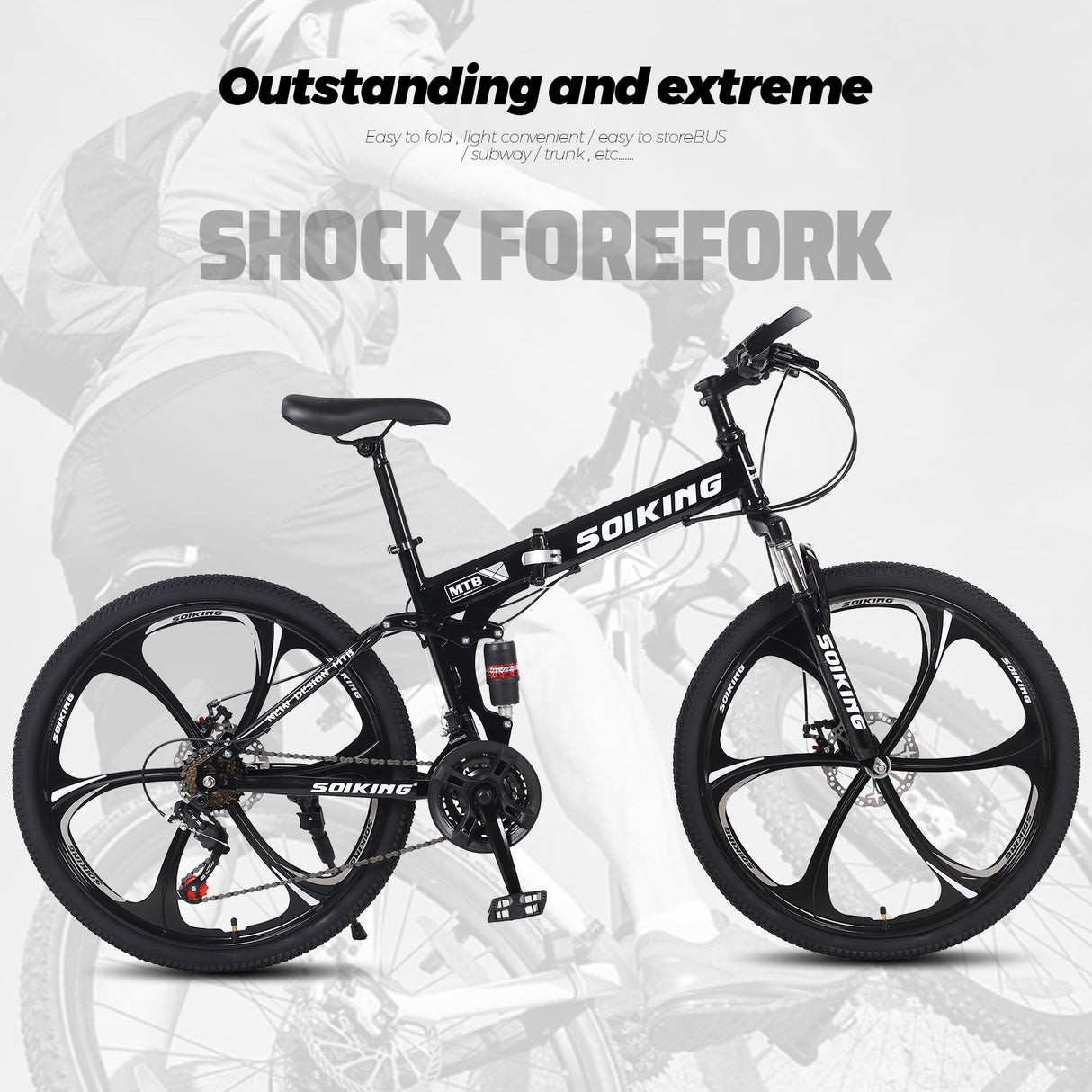 Black Folding Bike 21 Speed 26in Dual Disc Brakes Shock Suspension