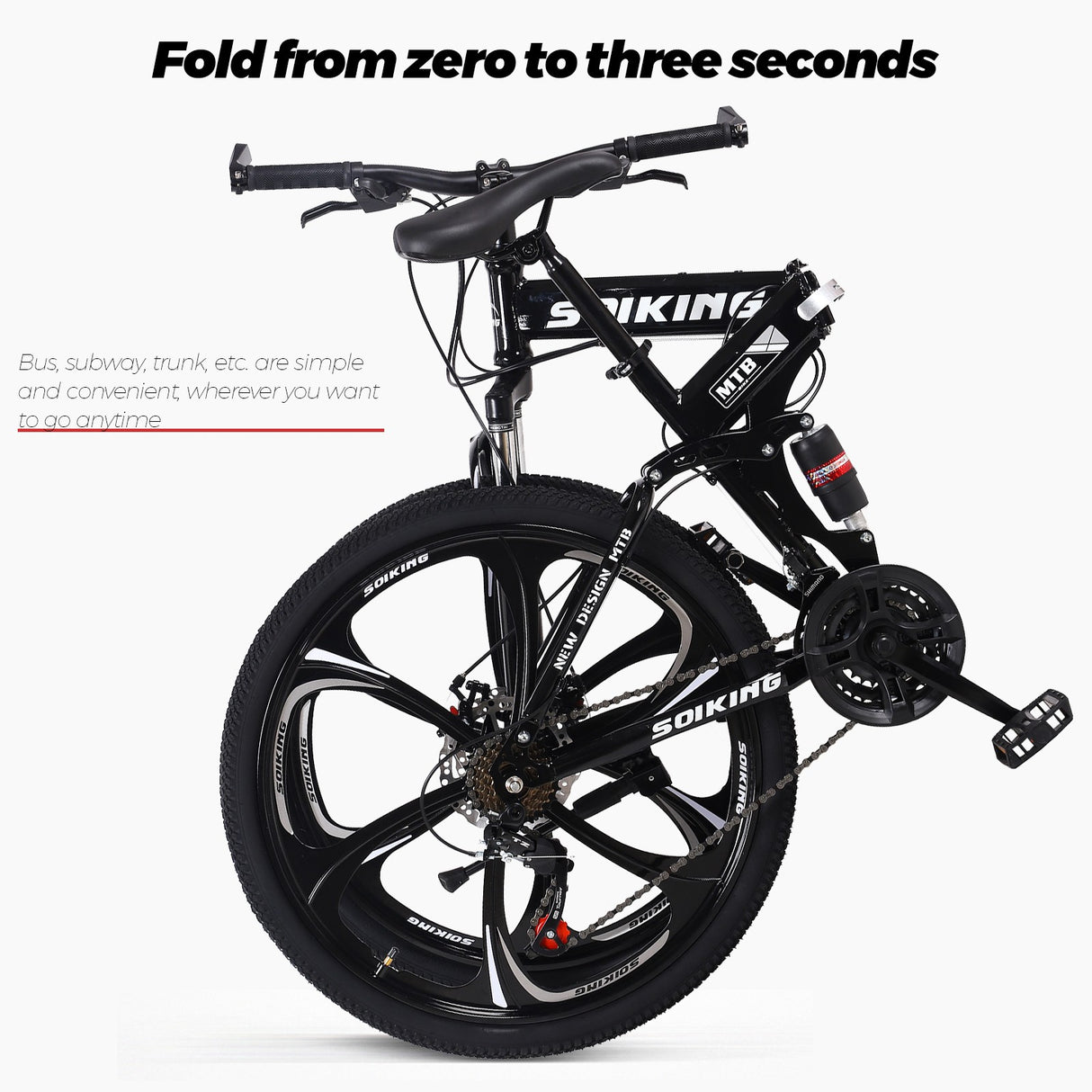 Black Folding Bike 21 Speed 26in Dual Disc Brakes Shock Suspension