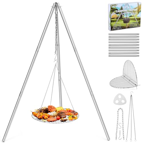 Joyfair Campfire Camping Tripod Grill Grate(17” Dia.), Heavy Duty Stainless Steel Openfire Tripod with Over Firepit Rack Camp Equipment, Adjustable Height Stand for Outdoor BBQ Cooking Grilling