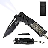 XIPHIAS EDC Stainless Steel Folding Pocket Knife Multitool with LED Light, Magnesium Fire Starter, Whistle, Paracord & Pocket Clip - Survival Camping Gear with Knife Pouch - XK039BC-GREEN