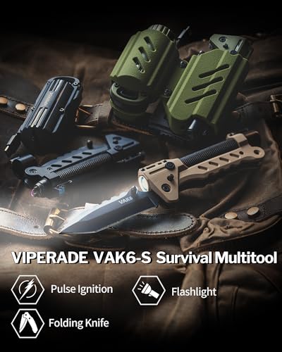 VIPERADE VAK6-S Survival Multitool with Folding Knife, LED Flashlight and Pulse Ignition, EDC Pocket Knife for men, Rechargeable Flashlight with Belt Sheath (Black)