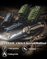 VIPERADE VAK6-S Survival Multitool with Folding Knife, LED Flashlight and Pulse Ignition, EDC Pocket Knife for men, Rechargeable Flashlight with Belt Sheath (Black)
