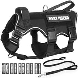 MOOGROU Tactical Service Dog Vest and Leash Set,Heavy Duty Harness with Metal Buckles for Large Dogs,Adjustable No Pull Pet Vest with 10 Patches,for Training Working Hiking,Black L