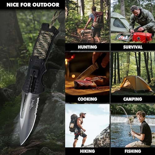 XIPHIAS EDC Stainless Steel Folding Pocket Knife Multitool with LED Light, Magnesium Fire Starter, Whistle, Paracord & Pocket Clip - Survival Camping Gear with Knife Pouch - XK039BC-GREEN