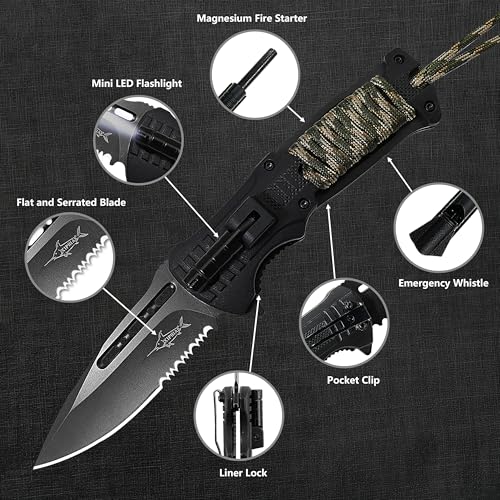 XIPHIAS EDC Stainless Steel Folding Pocket Knife Multitool with LED Light, Magnesium Fire Starter, Whistle, Paracord & Pocket Clip - Survival Camping Gear with Knife Pouch - XK039BC-GREEN