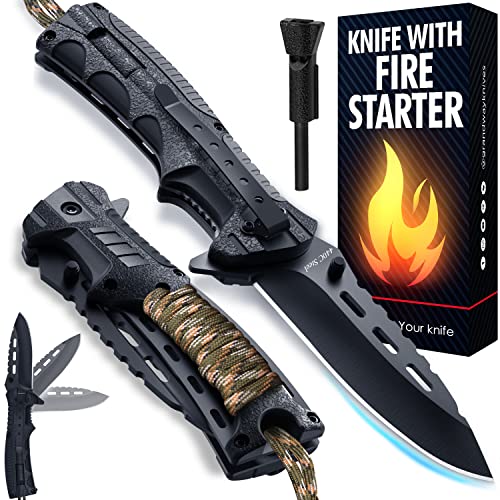 Pocket Knife for Men - Spring Assisted Knife with Fire Starter Whistle Paracord Handle - Tactical Folding Blade - Best for Survival Hiking Hunting Camping - Birthday Gifts Idea for Dad Husband 6772