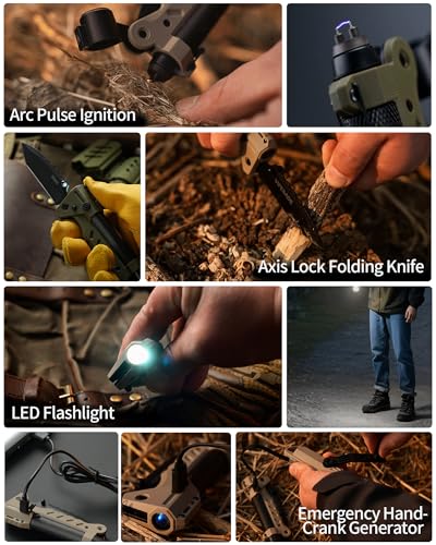 VIPERADE VAK6 Survival Multitool with Folding Knife, LED Flashlight, Pulse Ignition and Hand Crank Generator, Camping Multitool Knife Rechargeable Flashlight with Belt Sheath (Green)